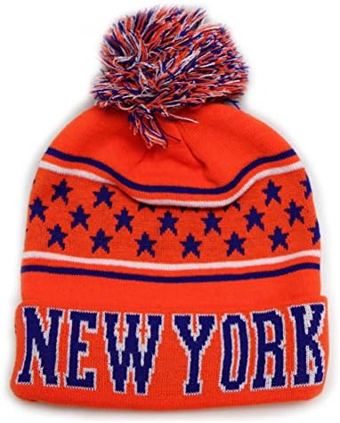 New York Thick Warm Cuffed Beanie Winter Hat Cap with Pom and Stars One Size Adult ORANGE/BLUE