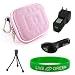 Non-OEM Flip UltraHD Video Camcorder Pink Nylon Hard Shell Carrying Case with Black Car and Home-Wall Chargers, Tripod and Screen Protector (Flip Ultra NOT included)