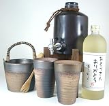 焼酎サーバー全セットA8陶芸作家 安藤嘉規作(萬古焼き備前金彩氷4セット付)送料無料(本格麦焼酎25度 720ml)福袋