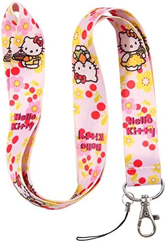 Pink Cherry &amp; Flower Cat Keychain Key Chain Lanyard Straps with Mini Silver Steel Spring Clips (MCL-161)