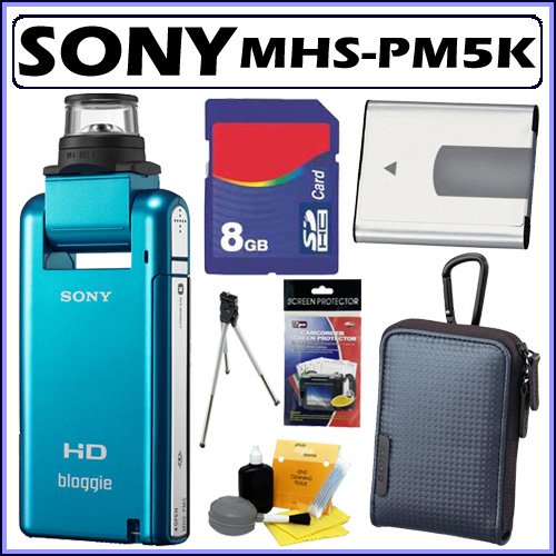 Sony MHS-PM5K/L Bloggie Mobile 5MP HD Snap 360 Video Camera (Blue) with 4x Digital Zoom + 8GB Deluxe Accessory Kit