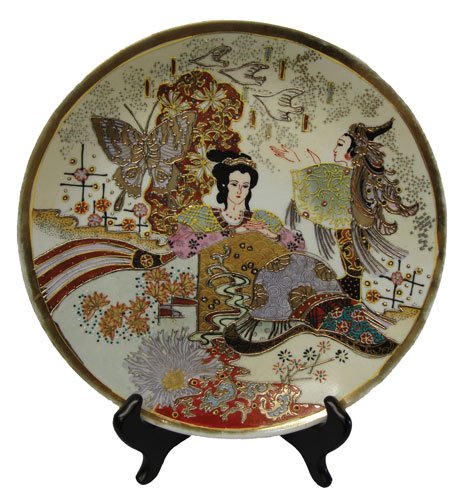 Decorative Chinese hand painted porcelain plate with gold filigree - Asian fairies