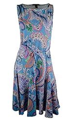 Fall Flared-Skirt Bateau Neck Paisley Cotton/Elastane Princess Seams   Waistline Belted Sleeveless  Dress