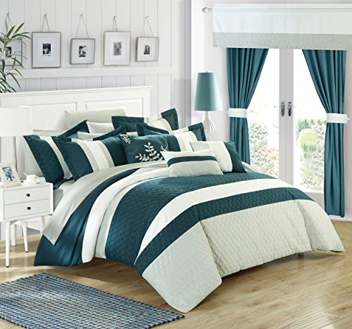 Chic Home 24 Piece Covington Complete Bedroom Set with Octagon Embroidery, Queen, Teal