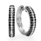Sterling Silver Ladies Round Black and White Diamond Huggies Hoop Earrings 3/4 CT (0.75 cttw, G-H color, I1-I2 quality)