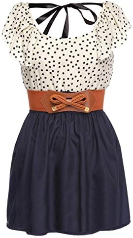 Desiraa Women'S High Waist Casual Dress Dots Short Dress With Belt Small Blue