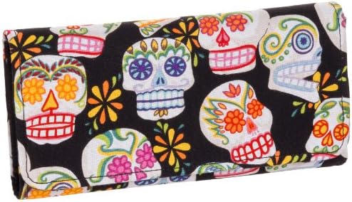 Glitter Sugar Skulls & Flowers Black Tri Fold Wallet Womens Clutch (Black/Multi)