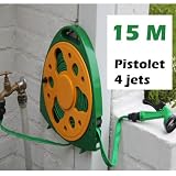 Tuyau dArrosage 15 M - Ultra plat de type pompier - Pistolet 4 positions - Dévidoir
