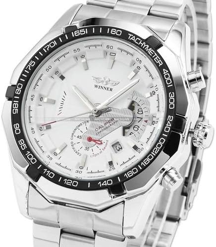 Metro Shop Winner White Dial Calendar Automatic Mechanical Stainless Steel Mens Watch