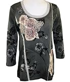 Vanilla Sugar - Skinny Minnie Baroque Charm 3/4 Sleeve, Boat-Neck Collar, Lace Trimmed, Floral Patterned Woman's Fashion Top, 100% Cotton - Charcoal