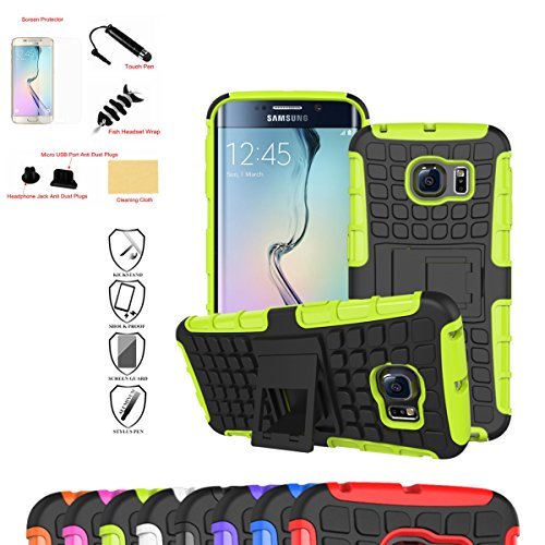 Mama Mouth Shockproof Heavy Duty Combo Hybrid Rugged Dual Layer Grip Case Cover with Kickstand For Samsung Galaxy S6 Edge (With 4 in 1 Free Gift Packaged:Black Stylus Touch Pen,Black Silicone Fish Headset Wrap,Black Micro USB Port Anti Dust Plugs,Black 3.5mm Headphone Jack Anti Dust Plugs), Green