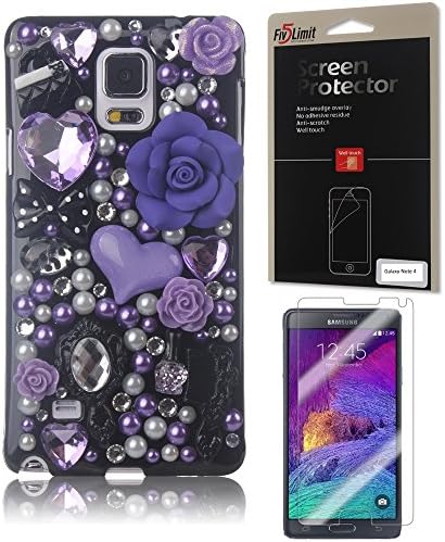 Galaxy Note 4 Case FiveLimit(TM) Luxury 3D Bling Crystal Pearl Love Purple Fairy Tale Flower Design Diamond Case Cover For Samsung Galaxy Note 4 N9100 SM-N910S SM-N910C (Package includes: 1 X Screen Protector) (Purple Fairy Flower)