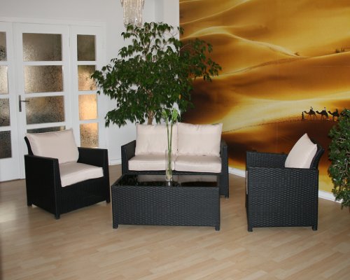 Deluxe Polyrattan Loungegruppe Lounge Gartenmöbel Rattan Sofa Sitzgarnitur Sitzgruppe inkl. Kissen, Schwarz