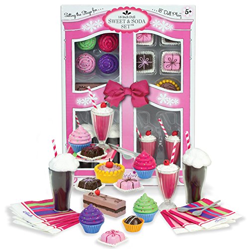 Complete 27 Piece Doll Food Set Includes 15 Sweet Treats Plus 4 Spoons and 8 Paper Napkins, 18 Inch Doll Pretend & Play Mini Doll Food Sets, Sweet & Soda Fountain Doll Accessory Set With Root Beer Floats, Milkshakes, Cupcakes Plus More in Decorative