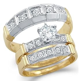 14k White and Yellow Gold CZ Engagement Wedding His and Hers Trio Three Piece Rings Set Round Cut