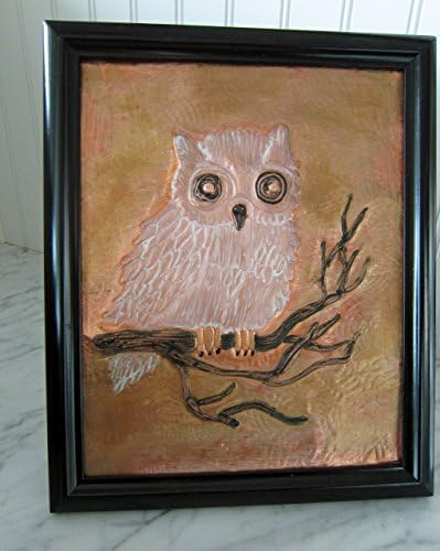 Original copper hand embossed art of a OWL sitting on a branch