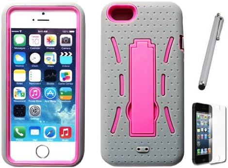 NEWBILITYUSA High Impact Heavy Duty Kick Stand Armor Military Hybrid Protective Case for iPhone 5S & iPhone 5 (Grey-Hot pink)