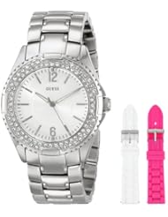 GUESS Womens U0347L1 Silver-Tone Wardrobe Watch Set with Interchangeable Metal & 2 Silicone Straps in White & Pink