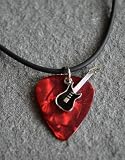 Guitar Pick Necklace with Black Electric Guitar Charm on Red Fender Guitar Pick Unique Design By Atlantic Seaboard Trading Co.