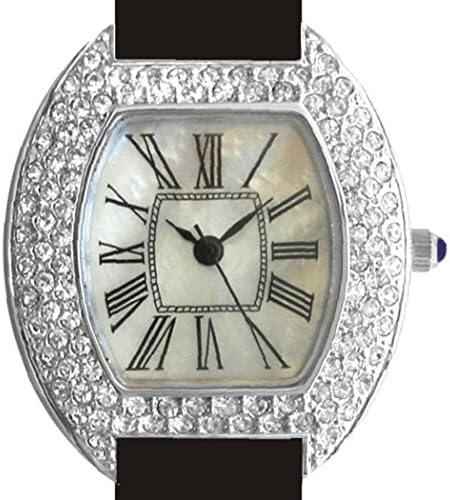 Ladies Vintage Sterling Silver Watch with 104 Austrian Crystals, Mother of Pearl Dial and Black Leather Strap