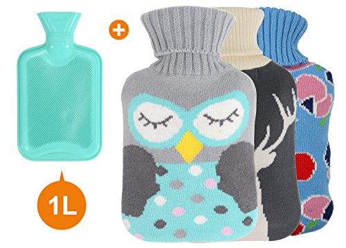 HomeIdeas Classic Rubber Hot Water Bottle with 3 Knitted Covers, Perfect for Quick Pain Relief and Comfort (Blue (1L))