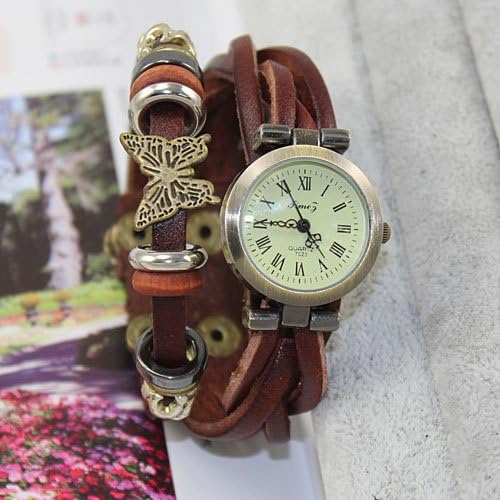 JOINNEW® 2013 Luxury Fashion Quartz Vintage Retro Leather Butterfly Wrist Bracelet Watch Name Brand Leather Wrap Bracelet Gift
