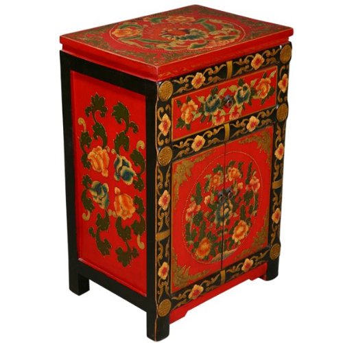 EXP Handmade Asian Furniture 29-Inch Red and Black Tibetan Nightstand/Storage Cabinet with Floral Motif