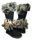 Eskimo Mukluks Feathers Furry Pom-Poms Vegan Black Boots