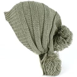 Winter Unisex Adjustable Back Tie 3 Pom Pom Ribbed Knit Slouchy Ski Beanie Gray