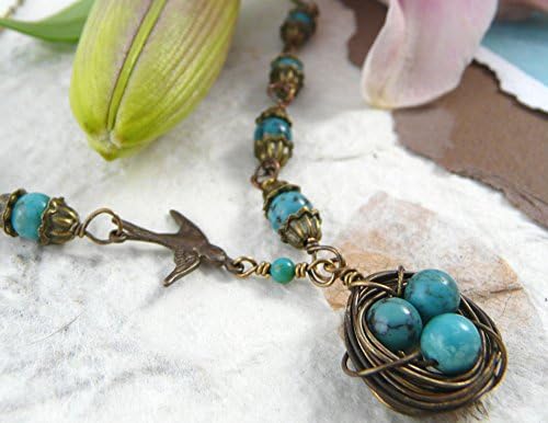 Bird's Nest Necklace and Earrings Set, Turquoise and Brass