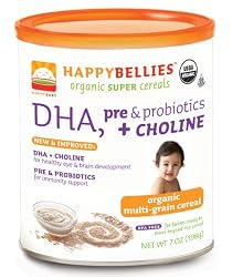 HAPPYBELLIES Organic Baby Cereals, DHA + Probiotic, Organic Multigrain Cereal, 7-Ounce Canisters (Pack of 6)