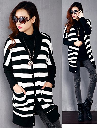 ロングニットカーディガン ストライプ柄 ボーダー モノトーン Ｖネック フロントボタンダウン 防寒 レディース アウター ショール ニットコート クマのぬいぐるみ付き K-644