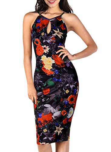 Miusol® Women's Key Hole Sexy Sleeveless Fitted Summer Flare Floral Casual Dress