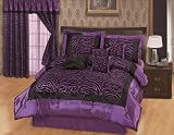 NEW 7PC FAUX SILK FLOCKING PURPLE BLACK ZEBRA PRINT QUEEN SIZE COMFORTER SET