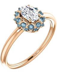 18K Rose Gold Oval Cut White and Blue Diamond Flower Inspired Ring -- LIFETIME WARRANTY
