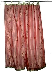 Gift for Sister-2 Organza Salman Pink Base with Red Bell Embroidered Sari Curtains Drapes Panel 92" Tabs