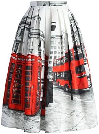 Women's Bus A-Line Print Skirt Skater Pleated Full Midi Skirt Red XX-Large