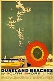 DUNELAND BEACHES UMBRELLA SEAGULL GULL SAILBOAT SOUTH SHORE LINE CHICAGO ILLINOIS SMALL VINTAGE POSTER REPRO