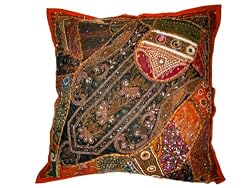 Orange-black Floral Design Vintage Sari Beaded Floor Pillow Cushion Cover 24"