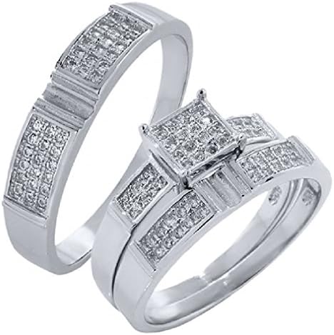 Pink Cookie His and Hers 3 Pieces Silver and CZ Engagement Wedding Three Ring Set