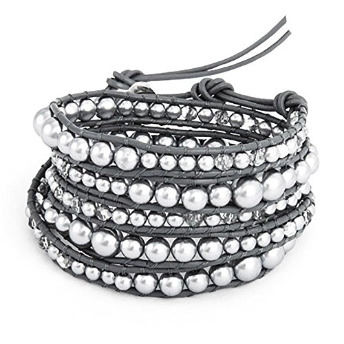 Chen Rai Graduated Grey Simulated Pearl and Glass Mix Wrap Bracelet