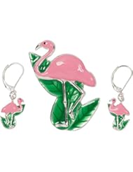 Jewelry: Heirloom Finds Enamel Pink Flamingo Pendant Brooch Dangle Earring Set in Silvertone - Heirloom Finds