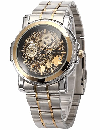 KS - KS138 - Montre Homme - Cadran Squelette Noir Doré - Mécanique Automatique - Bracelet Acier Inoxydable