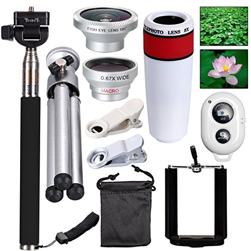 AFAITH 10-in-1 Camera Lens Kit 8x Telephoto Telescope Lens + Fish Eye Lens + Wide Angle + Macro Lens + Selfie Stick Monopod + Bluetooth Remote Control + Mini Tripod For iPhone 4S 5 5C 5S 6 6 Plus Samsung Galaxy S3 S4 S5 S6 Edge Note 2 3 4 HTC Nokia a