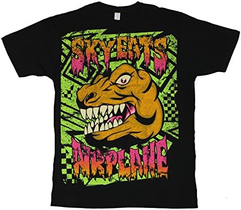 Sky Eats Airplane Mens T-Shirt - Yellow Scary T-Rex Head Image on Black (Extra Large)