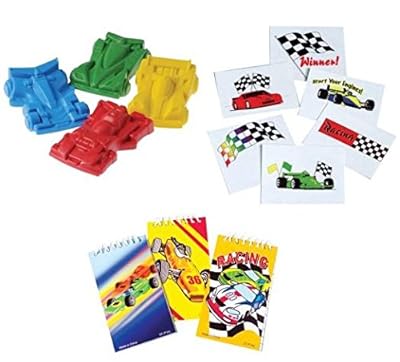 Race Car Theme Party Favor Set / 4 Crayon Race Cars / 12 Mini Notebooks / 144 Temporary Tattoos