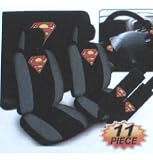 11-Piece Auto Interior Gift Set - 2 Superman Classic Red and Yellow Shield Front Low Back Bucket Seat Covers, 2 Superman Classic Red and Yellow Shield Head Rest Covers, 1 Superman Classic Red and Yellow Shield Steering Wheel Cover, and 2 Superman Classic Red and Yellow Shield Shoulder Harness Pressure Relief Covers