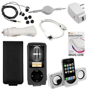 GTMax 2 Black Permium Durable Leather Case + Car AUX Stereo Cable + Mini Speaker + USB Car Charger + USB Home Charger + USB Data Cable + LCD Screen Protector + Stereo Candy Soft Gel Headset 3.5mm for Apple iPod nano 16GB 8GB 5th 5G Generation NEWEST MODEL