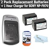 2 Pack Of Replacement Sony NP-FH70 Batteries 2000MAH Each + 1 Hour Charger For NP-FH30 / FH40 / FH50 / FH60 / FH70 / NP-FP50 / FP70 + Free Pack Of LCD Screen Protectors