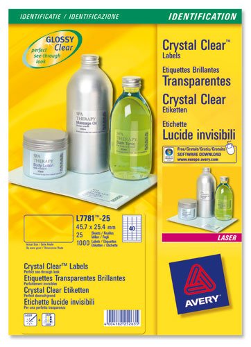 Avery Crystal Clear Labels Laser Durable 10 per Sheet 96 x50.8mmTransparent - Ref L7783-25 (250 Labels)